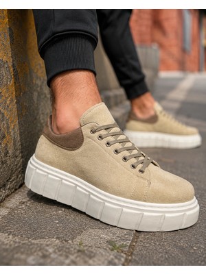 Mevese Ares Bağcıklı Süet Erkek Günlük Sneaker Yüksek Taban Ayakkabı - Krem