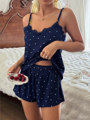 Bezos Kadın Dantel Detaylı Lacivert Şortlu Pijama Takım 5186