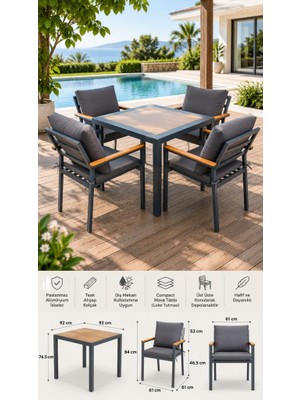 BBB Berlin 4 Kişilik Alüminyum Bahçe Balkon Masa Takımı | Teak Kollu | Compact Tablalı