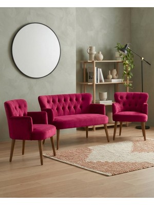 Azra Mobilya Roma 2+1+1 Babyface Kumaş Chester Çay Seti Ev & Ofis Koltuk Takımı - Ahşap Ceviz Ayak - Fuşya