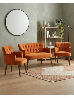 Azra Mobilya Roma 2+1+1 Babyface Kumaş Chester Çay Seti Ev & Ofis Koltuk Takımı - Ahşap Ceviz Ayak - Bakır