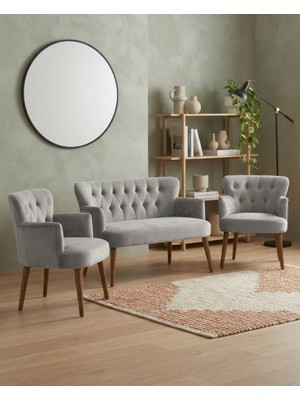 Azra Mobilya Roma 2+1+1 Babyface Kumaş Chester Çay Seti Ev & Ofis Koltuk Takımı - Ahşap Ceviz Ayak - Açık Gri