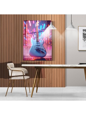 Cam Tablo Neon Işıklar Içinde Mavi Elektro Gitar Müzik Temalı Duvar Dekorasyonu