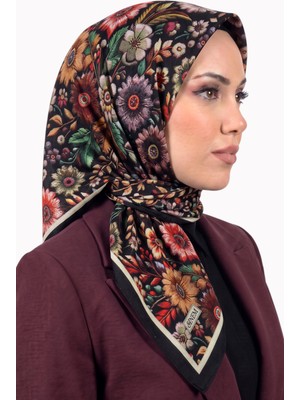 Hadiora Kadın Siyah Turuncu Vintage Çiçek Desenli Dikişli Yazma