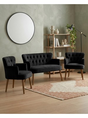 Azra Mobilya Roma 2+1+1 Babyface Kumaş Chester Çay Seti Ev & Ofis Koltuk Takımı - Ahşap Ceviz Ayak - Siyah