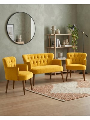 Azra Mobilya Roma 2+1+1 Babyface Kumaş Chester Çay Seti Ev & Ofis Koltuk Takımı - Ahşap Ceviz Ayak - Sarı