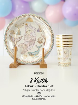 Partince 8 Kişilik Deniz Kızı Tema Kullan At Karton Tabak Bardak Mermaid Doğum Günü Parti Seti