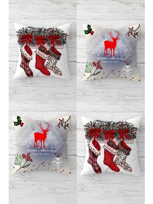 Mey İthalat Pelangi Geyik Kokina Yılbaşı Çorabı Christmas Gizli Fermuarlı Kırlent Kılıfı Yastık Kılıfı TAKIM(4ADET), Kırmızı-Beyaz-Gri 43 x 43