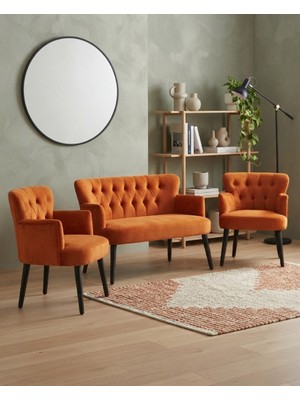 Azra Mobilya Roma 2+1+1 Babyface Kumaş Chester Çay Seti Ev & Ofis Koltuk Takımı - Ahşap Siyah Ayak - Bakır