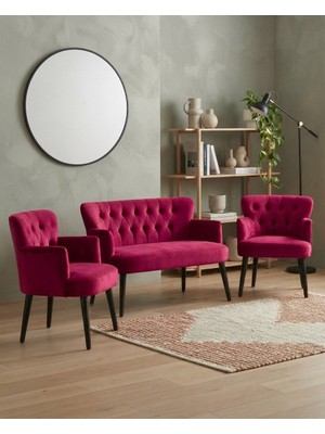 Azra Mobilya Roma 2+1+1 Babyface Kumaş Chester Çay Seti Ev & Ofis Koltuk Takımı - Ahşap Siyah Ayak - Fuşya