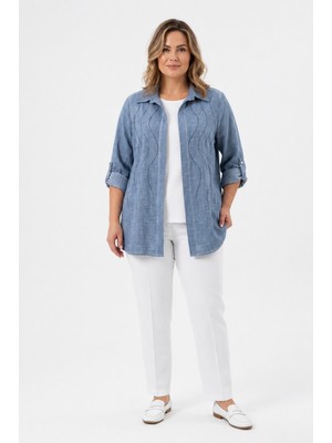 Bihan Store Kadın Taş Baskı Detaylı Gömlek Bluz Ikili Takım Y26-50160 - Indigo