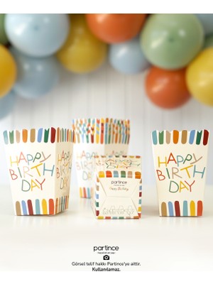Partince 8 Adet Retro Happy Birthday Tema Popcorn Mısır Kutusu
