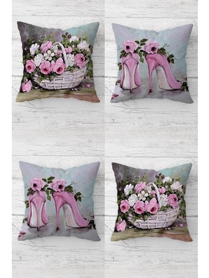 Mey İthalat Pelangi Gül Buketleri ve Stiletto Vintage Gizli Fermuarlı Kırlent Kılıfı Koltuk Yastık Kılıfı TAKIM(4ADET), Pembe-Gri 45 x 45