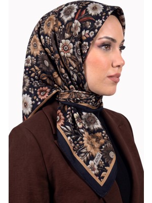Hadiora Kadın Lacivert Sarı Vintage Çiçek Desenli Dikişli Yazma
