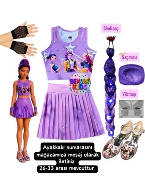 Bemora Kids Kpop Huntrix Mor Etek Bluz Alt Üst 2 Li Takım Şort Etek +Rumi Mor Simli Saç + Yüz Taşı + Mor Saç Tozu+ Eldiven + Kpop Ayakkabı  Seti