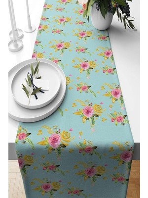 Mey İthalat Pelangi Mint Floral Desenli Leke Tutmaz Kumaş Salon Mutfak Masa Değişik Ranır Modelleri Runner, Mint-Pembe 40 x 140