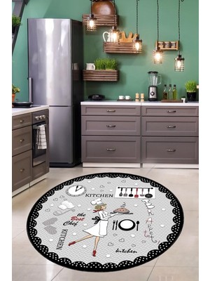 Mey İthalat Pelangi Bon Apetit Aşçı Desenli Dijital Baskı Yıkanabilir Kaymaz Taban Yuvarlak Mutfak Halısı, Gri-Beyaz 120 x 120, 9998003512012005
