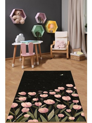 Mey İthalat Pelangi Pembe Laleler Flowers Yıkanabilir Kaymaz Taban Leke Tutmaz Çocuk Odası Halısı, Siyah 180 x 300