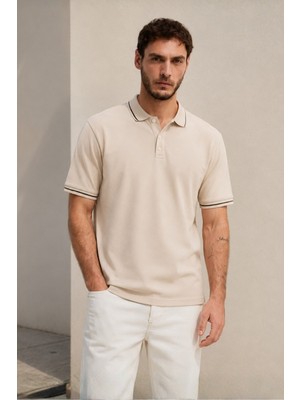 Madmext Bej Polo Yaka Erkek Tişört 6113