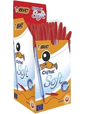 Bic Cristal Soft Tükenmez Kalem, Kırmızı, 50'li Kutu, 1.2 mm Orta Kalınlıkta Uç, Şeffaf Gövde, Delikli Kapak