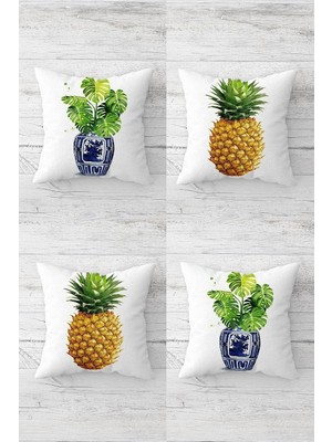 Mey İthalat Pelangi Ananas ve Tropikal Yapraklar Desen Gizli Fermuarlı Kırlent Kılıfı Koltuk Yastık Kılıfı TAKIM(4ADET), Yeşil-Sarı 45 x 45
