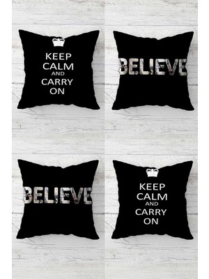 Mey İthalat Pelangi Keep Calm And Carry On Believe Yazı Gizli Fermuarlı Kırlent Kılıfı Koltuk Yastık Kılıfı TAKIM(4ADET), Koyu Siyah 45 x 45