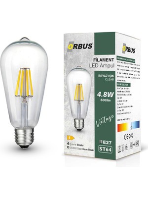 Orbus STA64 4.8W Filament Bulb E27 600LM Ampul - Beyaz Işık Clear