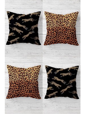 Mey İthalat Pelangi Leopar Desenli Kombin Gizli Fermuarlı Kırlent Kılıfı Koltuk Yastık Kılıfı TAKIM(4ADET), Kahverengi-Siyah 45 x 45