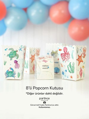 Partince Deniz Canlıları Tema Konseptli 8'li Popcorn Patlamış Mısır Kutusu