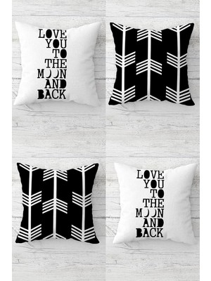 Mey İthalat Pelangi Love You To The Moon And Back Gizli Fermuarlı Kırlent Kılıfı Koltuk Yastık Kılıfı TAKIM(4ADET), Beyaz Siyah 45 x 45