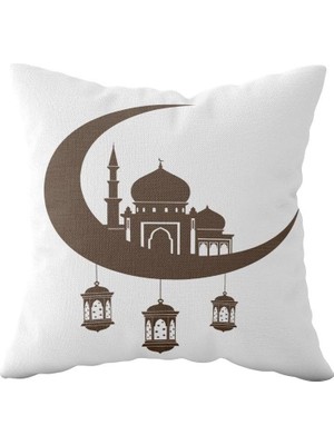 Mey İthalat Pelangi Ramadan Mubarak Cami Hilal Fener Çift Taraflı Gizli Fermuar Kırlent Koltuk Yastık Kılıfıı, Beyaz-Gri 43 x 43