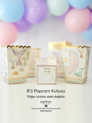 Partince 8 Adet Deniz Kızı Tema Popcorn Gold Yaldızlı Mermaid Patlamış Mısır Kutusu