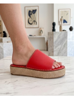 Futsi Shoes Ocean Kırmızı Hakiki Deri Hasır Tabanlı Platform Kadın Terlik