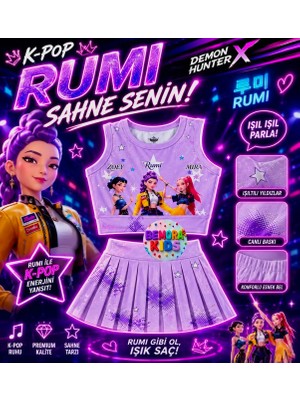 Bemora Kids Kpop Huntrix Mor Etek Bluz Alt Üst 2 Li Takım Şort Etek
