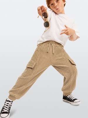 Denokids Erkek Çocuk Jogger Pantolon Cepli Fitilli Kadife Bej Kışlık (5-10 Yaş)