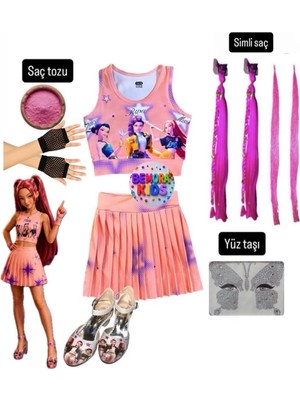 Bemora Kids Kpop Huntrix Pembe Etek Bluz Alt Üst 2 Li Takım Şort Etek +Mira Pembe Simli Saç + Yüz Taşı + Pembe Saç  Tozu+ Eldiven + Kpop Ayakkabı Seti