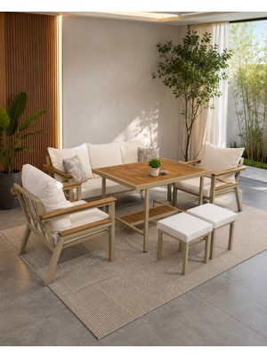 Salda Metal Bahçe Balkon Teras Koltuk Takımı 3+1+1+Masa+2 Adet Puf