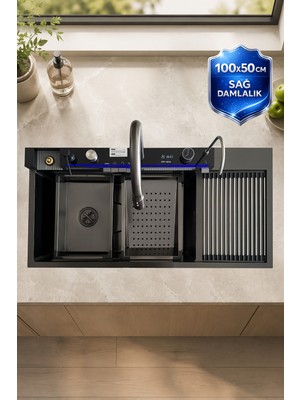 Oxy Aqua Vega 100X50 cm Sağ Damlalıklı Akıllı Teknolojik Eviye Seti Paslanmaz Bal Peteği Taban Akıllı Evye