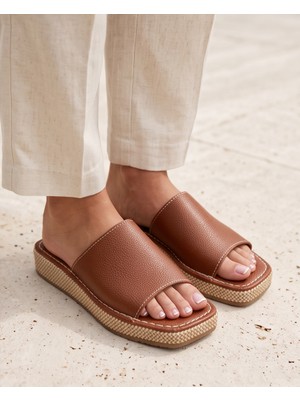 Futsi Shoes Marına Kahverengi Hakiki Deri Hasır Tabanlı Platform Kadın Terlik
