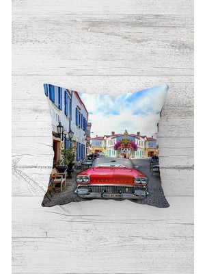 Mey İthalat Pelangi Retro Arabalı Sokak Manzaralı Çift Taraflı Gizli Fermuarlı Dekoratif Kırlent Koltuk Yastık Kılıfı, Kırmızı-Mavi 45 x 45, 2469109845451