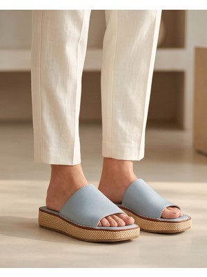 Futsi Shoes Marına Mavi Hakiki Deri Hasır Tabanlı Platform Kadın Terlik