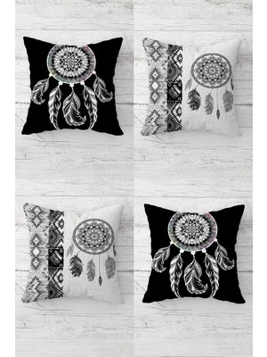 Mey İthalat Pelangi Dream Catcher Düş Kapanı Desenli Gizli Fermuarlı Kırlent Kılıfı Koltuk Yastık Kılıfı TAKIM(4ADET), Siyah-Gri 45 x 45