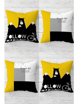 Mey İthalat Pelangi Follow Your Own Path Mesajlı Gizli Fermuarlı Kırlent Kılıfı Koltuk Yastık Kılıfı TAKIM(4ADET), Siyah-Sarı 45 x 45