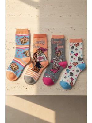 Katia & Bony 4 lü Paket Lovely Bear Kız Çocuk Soket Çorap Desenli