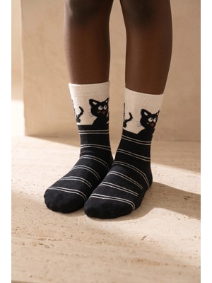 Kedi Desenli Siyah Çocuk Soket Çorap
