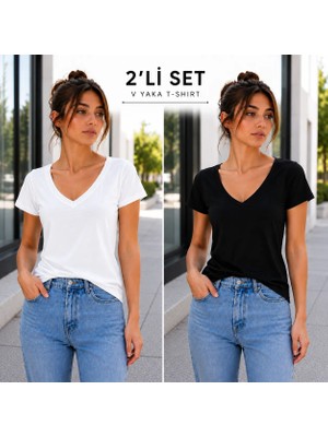 Hayalet Kadın V Yaka Kısa Kollu T-Shirt Ultra Soft Basic Bluz - İkili Set