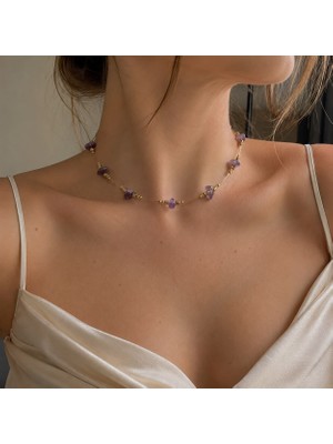 Aurevyn Design Doğal Ametist Taşı Detaylı Choker Kolye