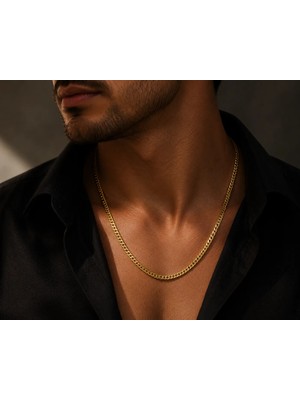 FourSolos Çelik Erkek Kolye, Gold Renk, Klasik Kalın Zincir No:7