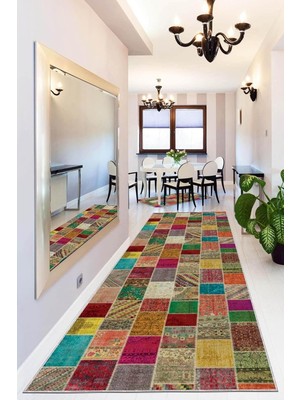 Viva Home Kaymaz Tabanlı Kesme Rulo Yolluk Renkli Patchwork AR320, Turuncu, 100 x 200