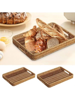 3 Lü Rattan Tepsi Dekoratif Tepsi Hasır Örme Tepsi Açık Krem